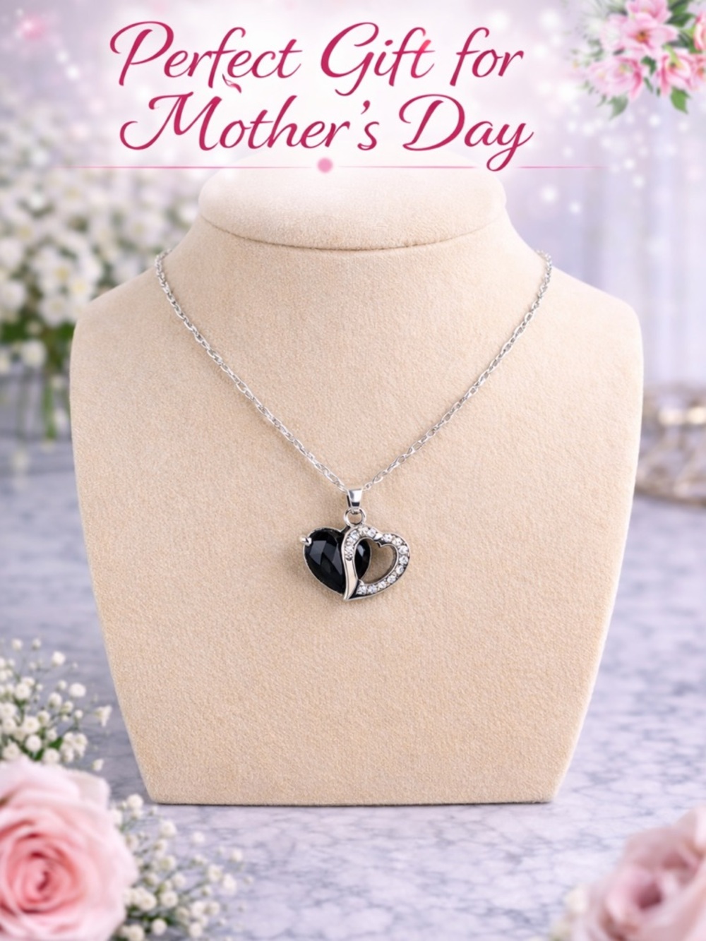 lady heart Silver and black stone pendant necklace fashion - Picture 4 of 4